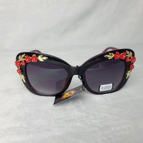 Statement Floral Embellished Cat-Eye Sunglasses Black Frame Red Gold Accents - Picture 9 of 10